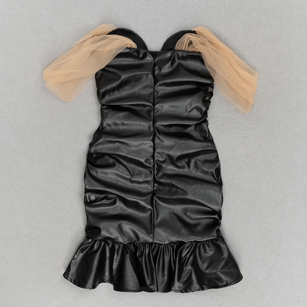 Off Shoulder Ruched Faux Leather Dress Black HV9694