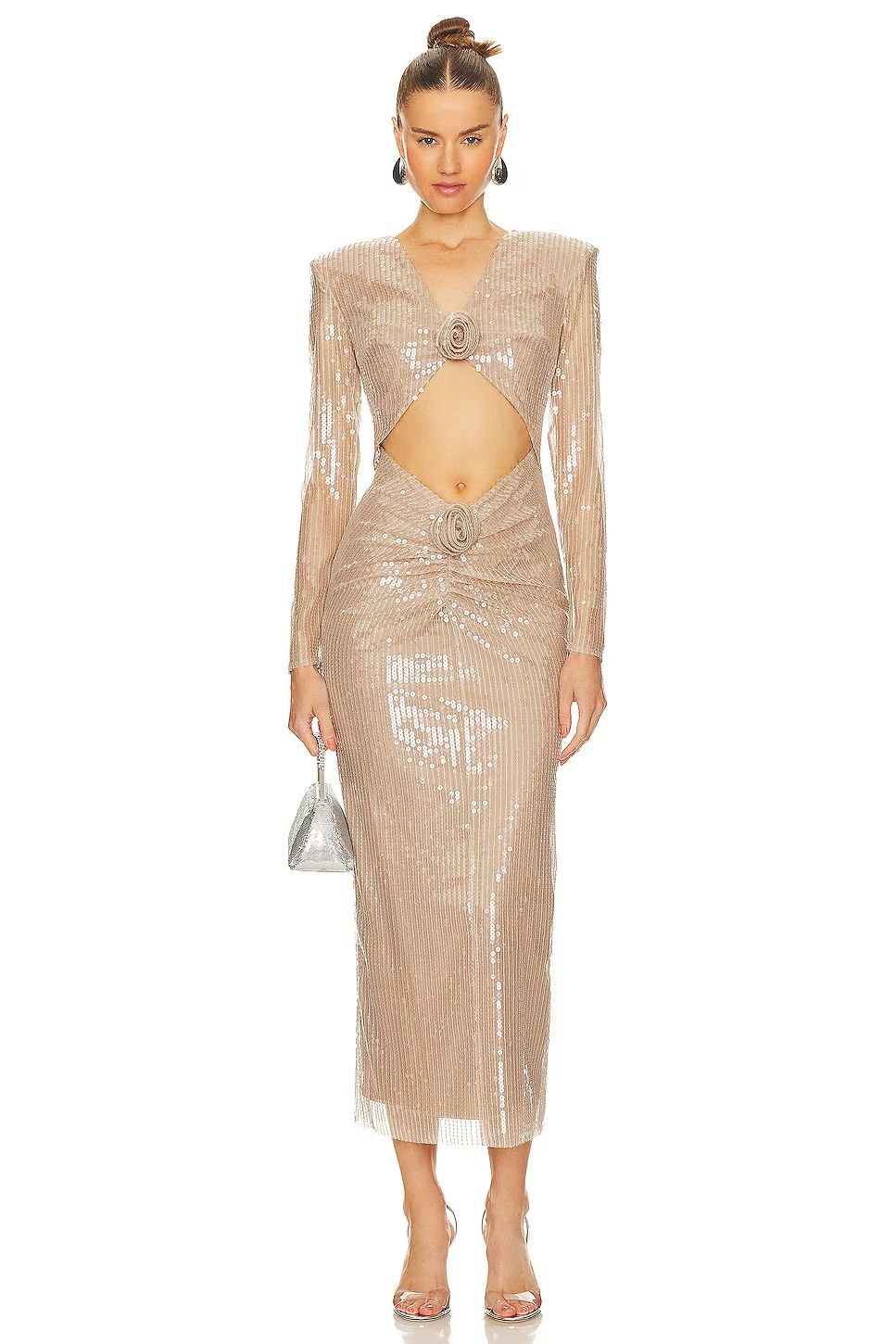 Long Sleeve Flower Sequin Midi Dress Nude HV1086