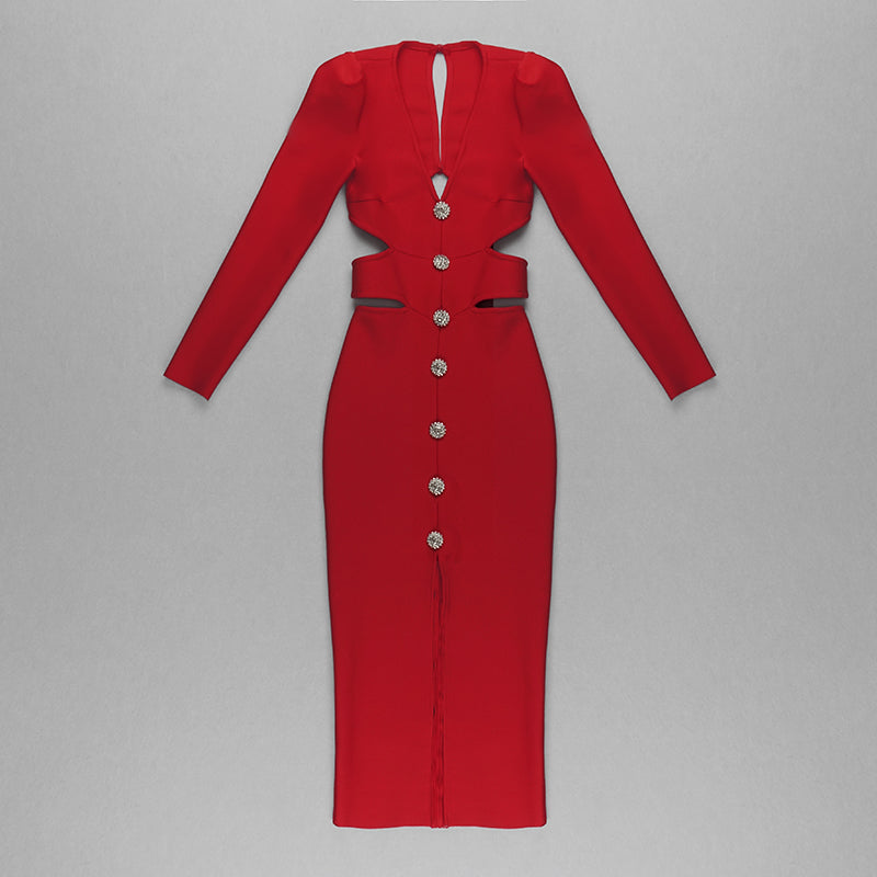 Long Sleeve Cut Out Midi Dress White HV8256
