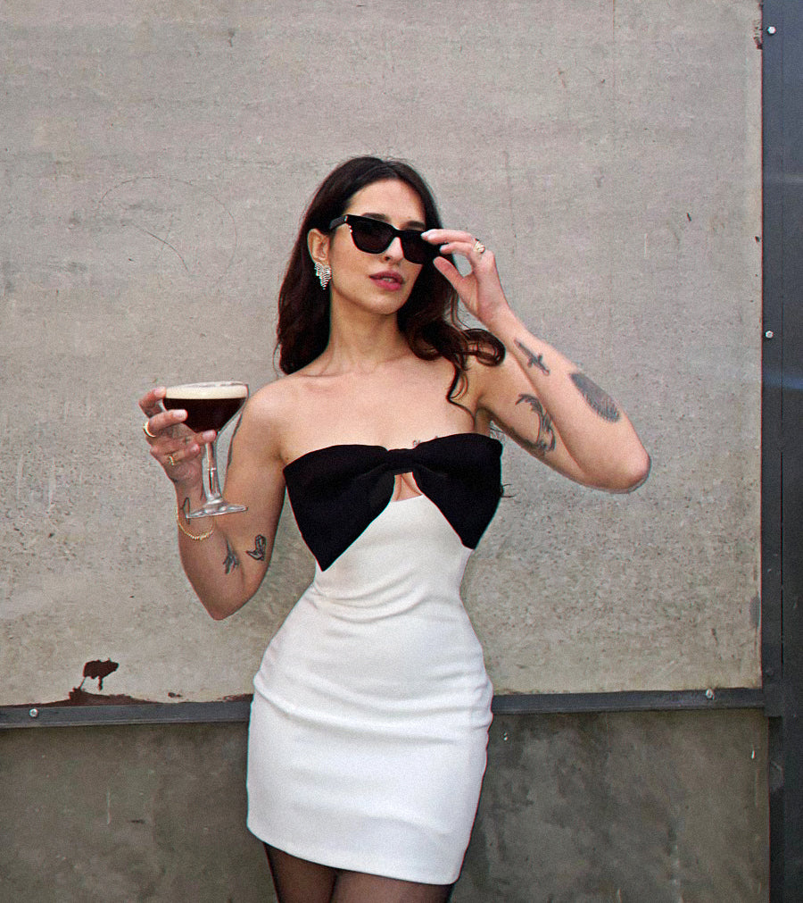 Strapless Bow Detail Dress Black White HV9537