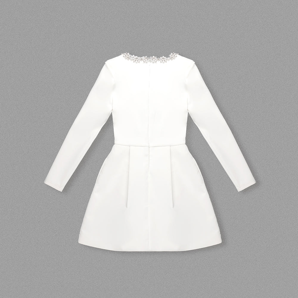 Long Sleeve Crystal A Line Dress White HV1295