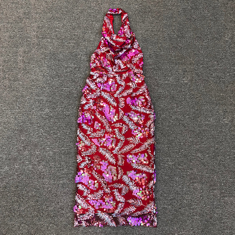 Halter Floral Sequin Midi Dress Hot Pink HV1618