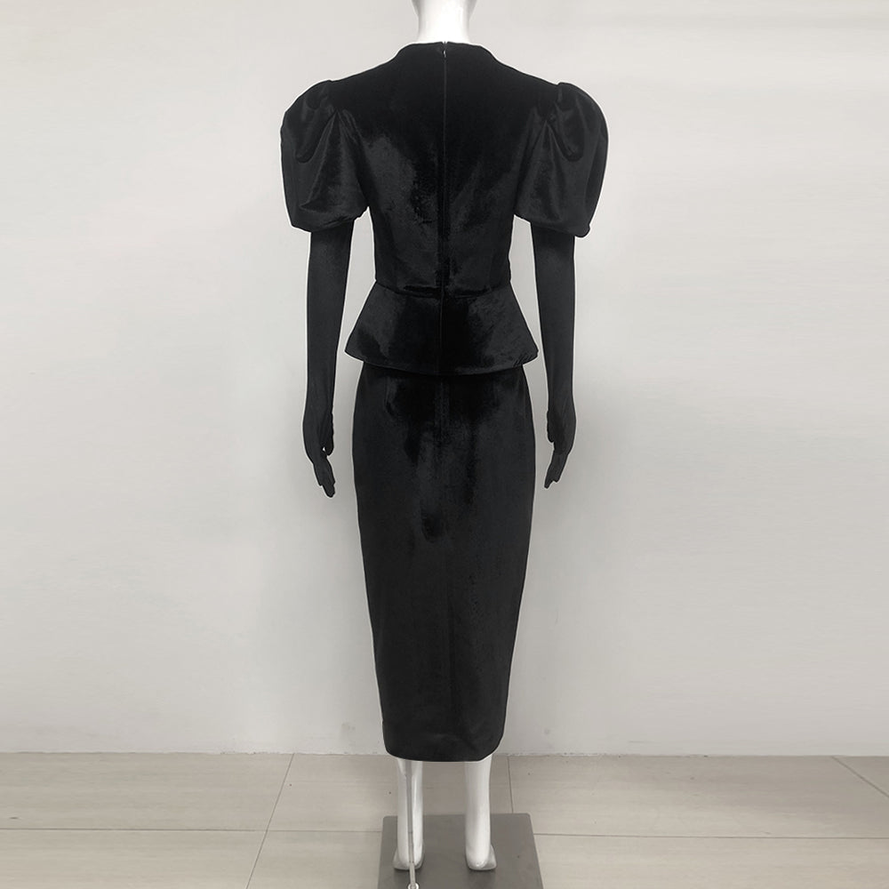 Short Sleeve Crystal Bow Midi Two Piece Velvet Dress Black HV2097