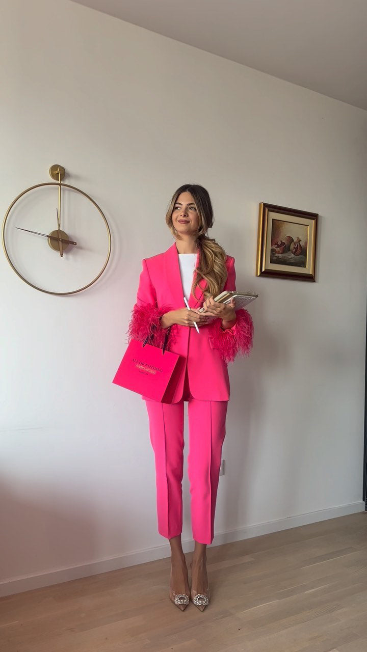 Long Sleeve Feather Detail Suit Hot Pink HV1267
