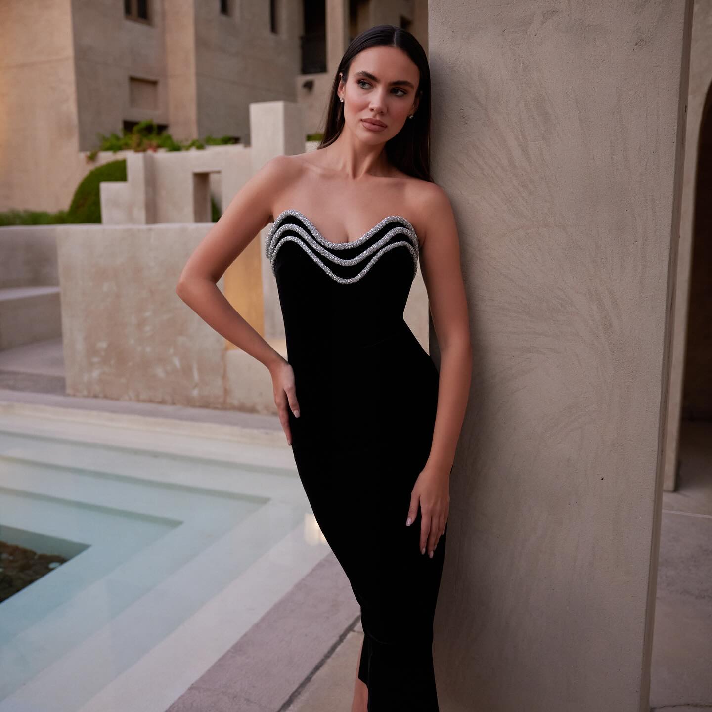 Strapless Crystal Trim Midi Dress Black HV1336