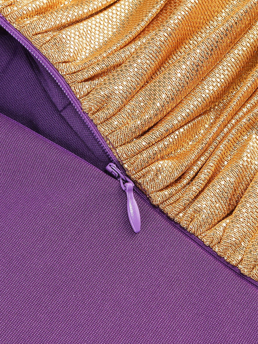 One Sleeve Ruched Dress Purple Gold