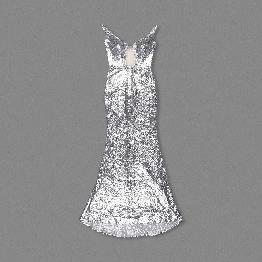 Strapless Crystal Sequin Maxi Dress Silver HV1886