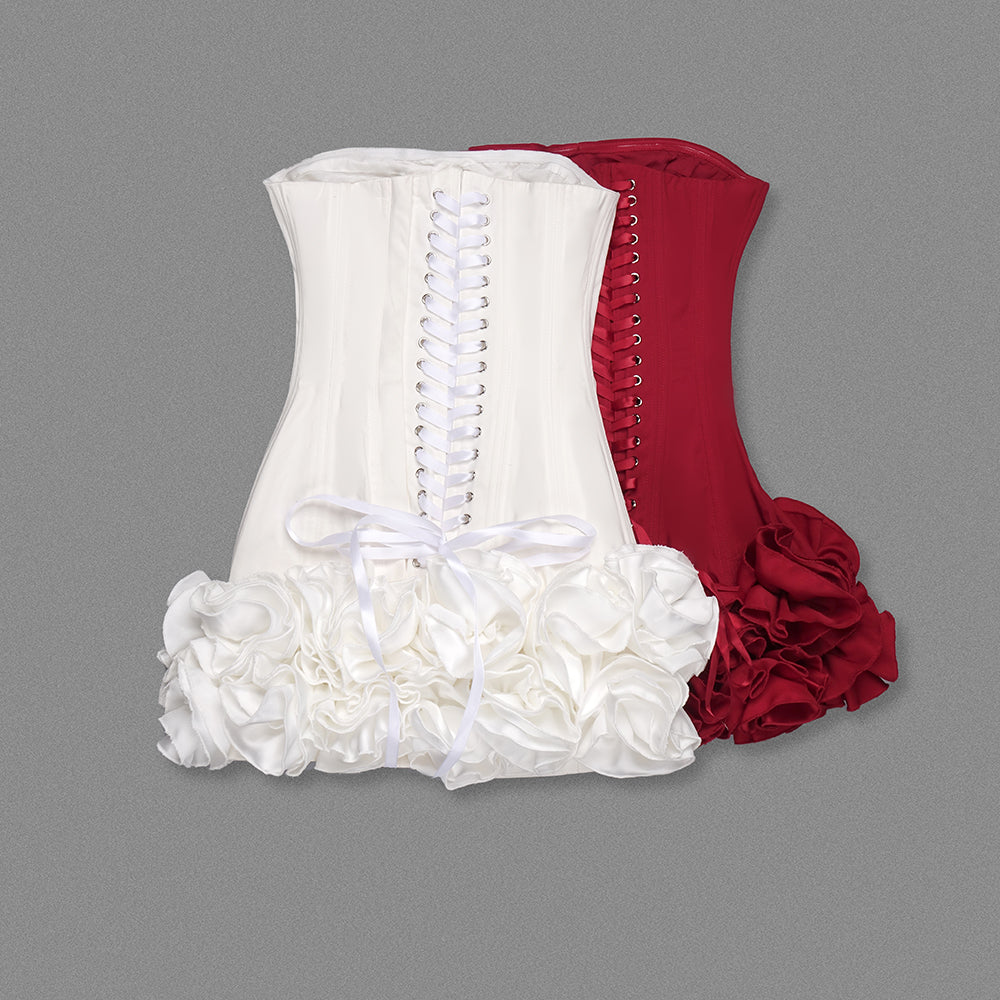 Strapless Corset Floral Ruffle Dress White HV1645