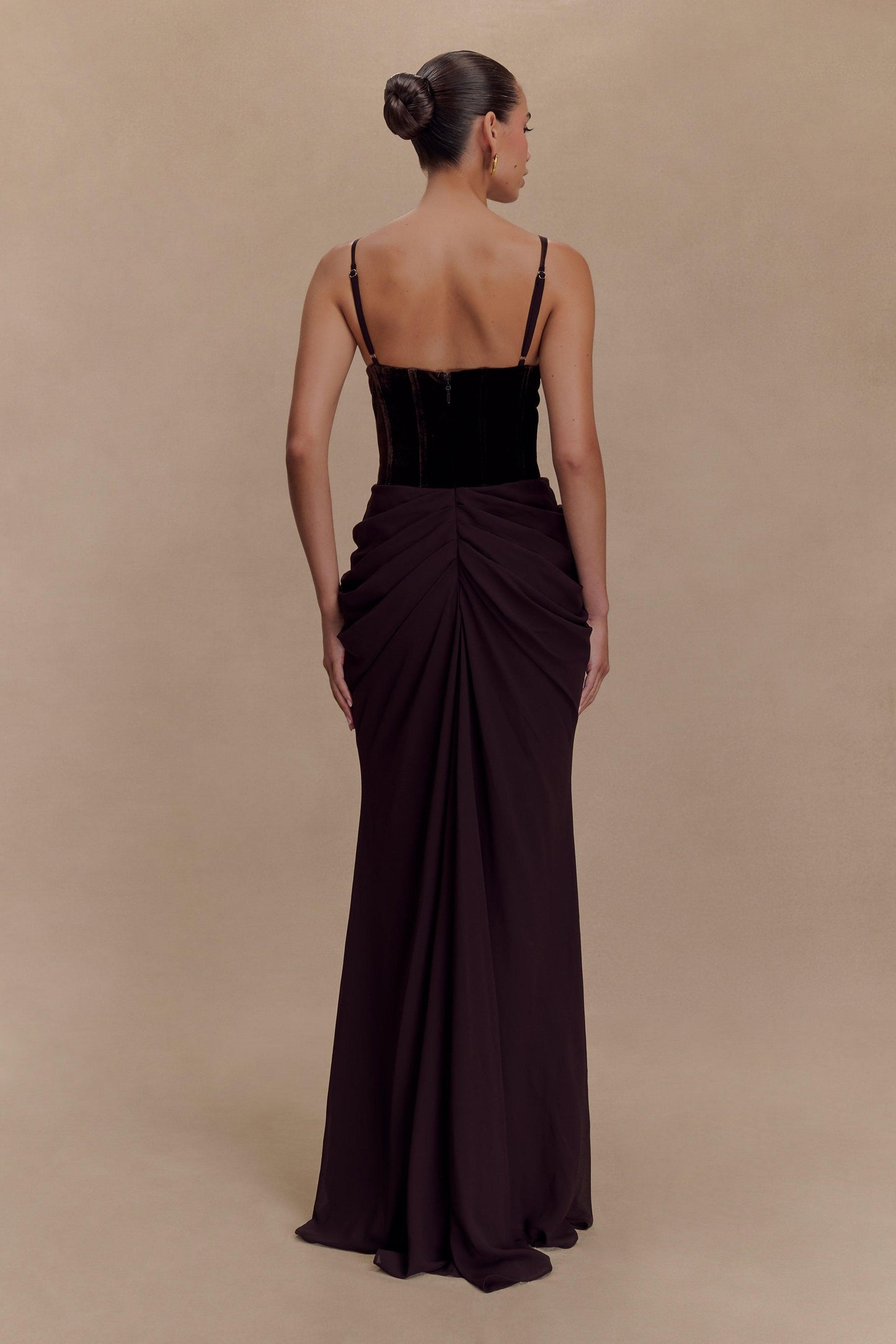 Velvet Bustier Draped Maxi Dress Brown HV2136