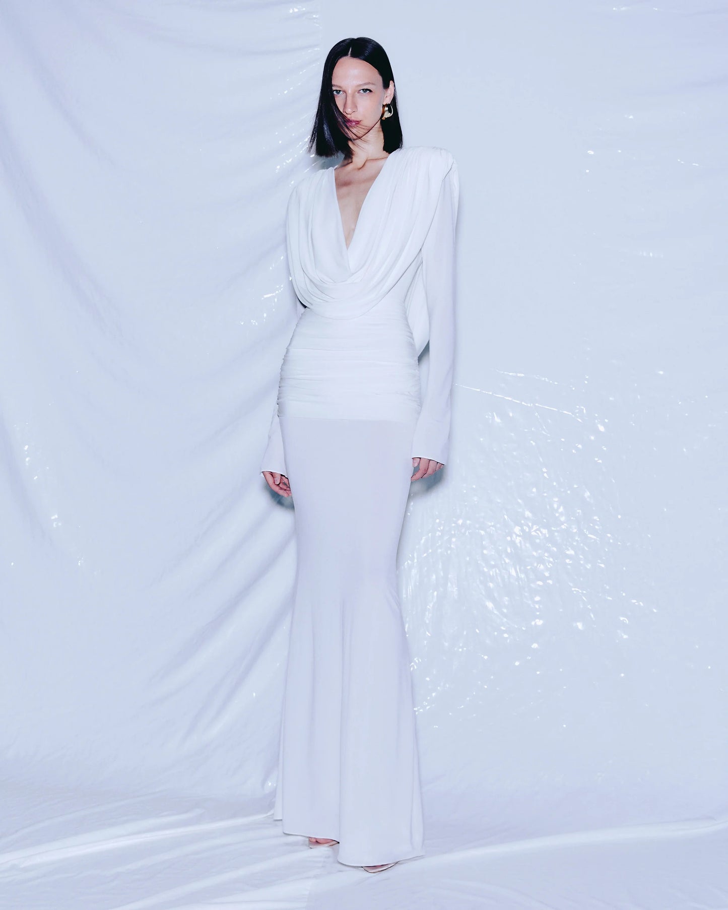 Long Sleeve Draped Backless Maxi Dress HV2076