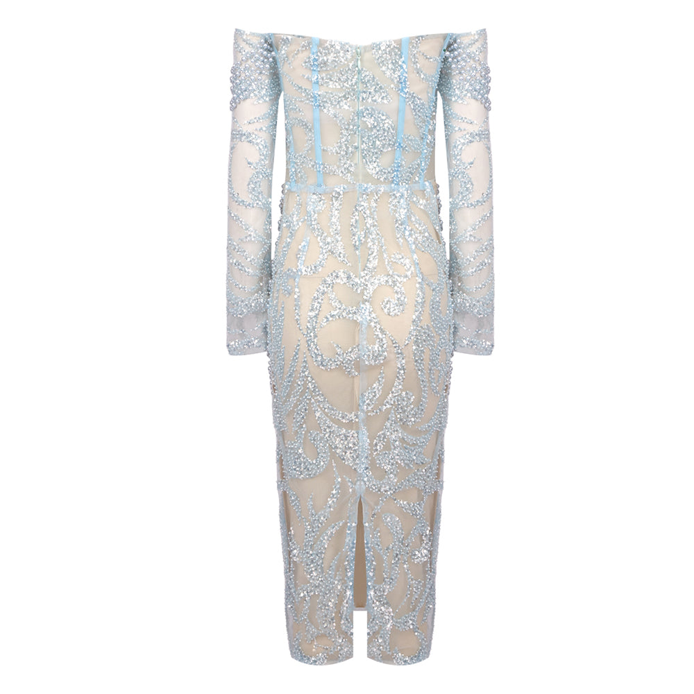 Long Sleeve Pearl Corset Midi Dress Blue HV9945
