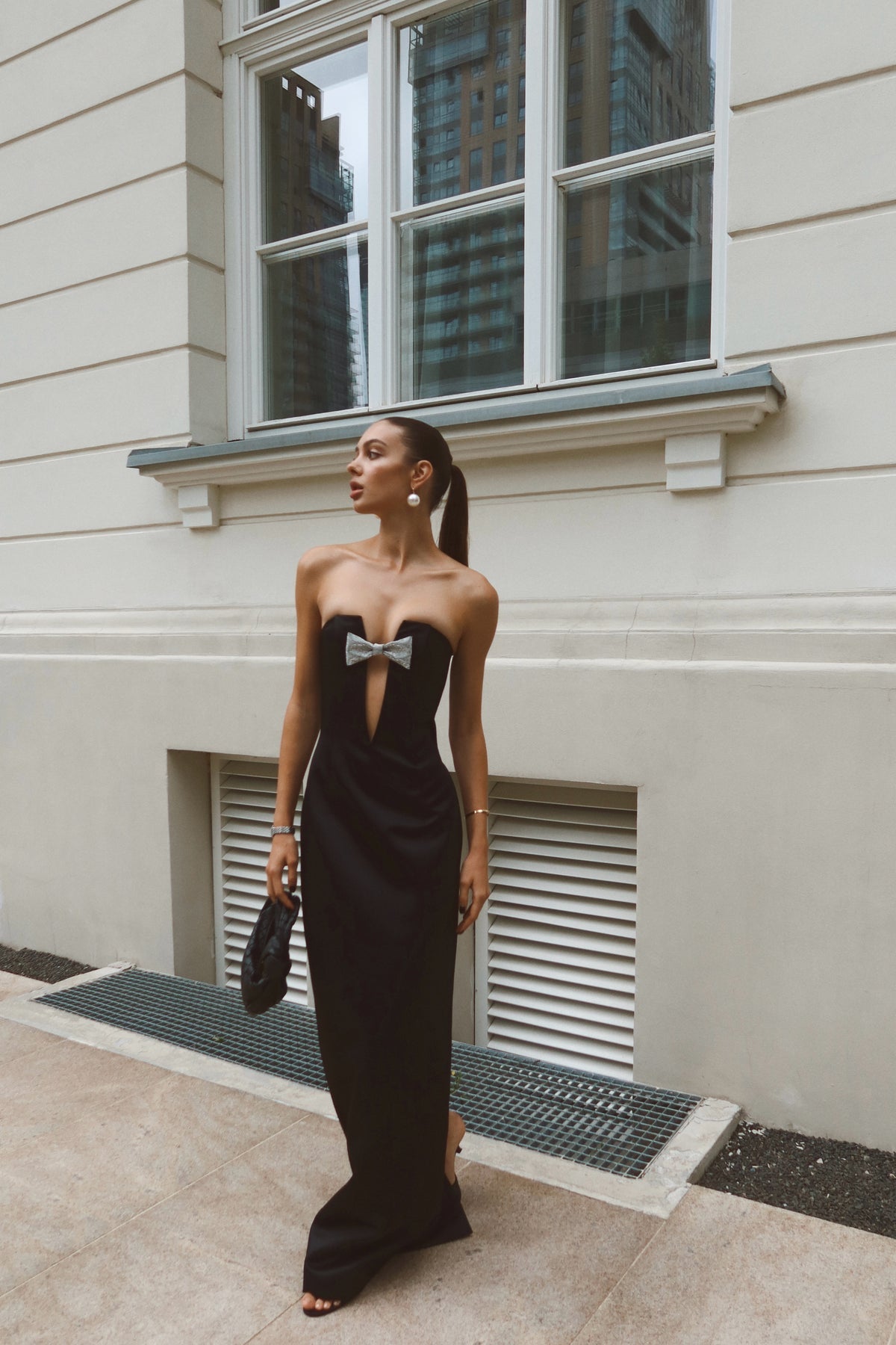 Strapless Crystal Bow Maxi Dress Black HV1775