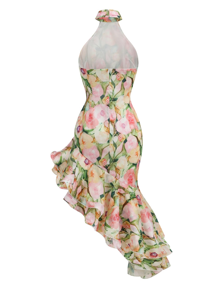 Halter Floral Ruffle Maxi Dress HV1035