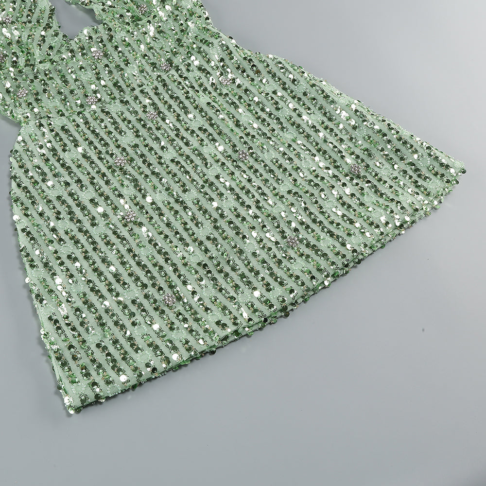 Halter Crystal Sequin Dress Green HV1372