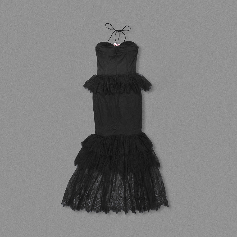 Halter Floral Lace Ruffle Maxi Dress Black HV2077