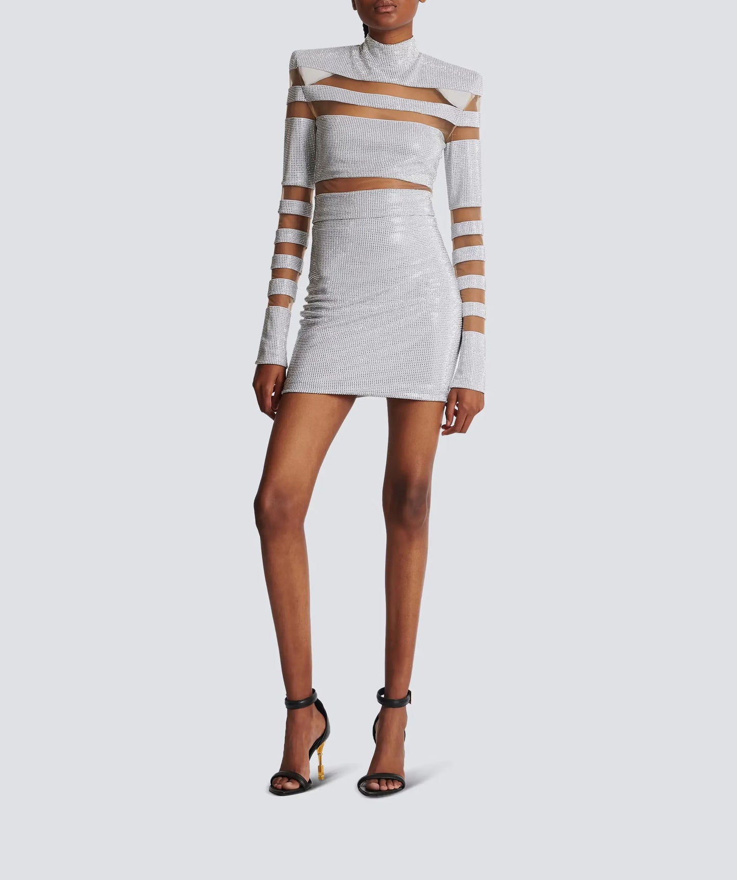 Long Sleeve Studded Mesh Two Piece Dress HV1939