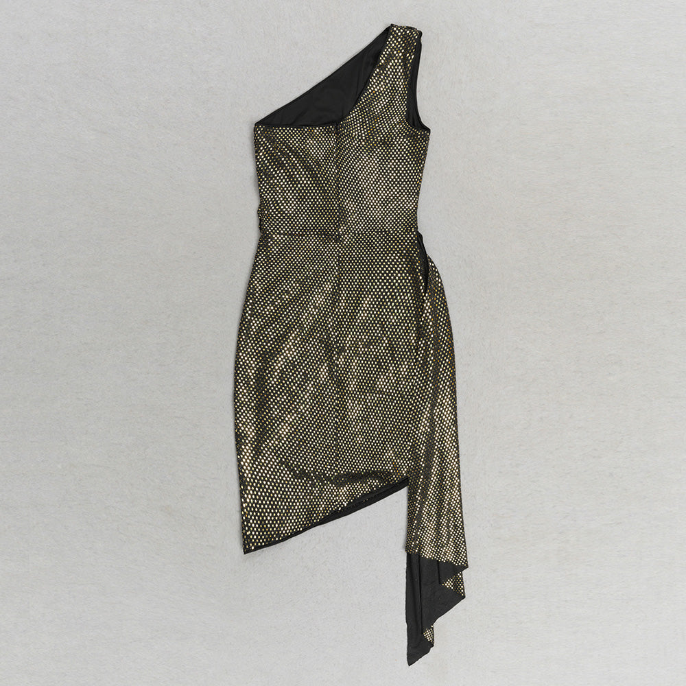 One Shoulder Mirrored Draped Dress Gold HV9829