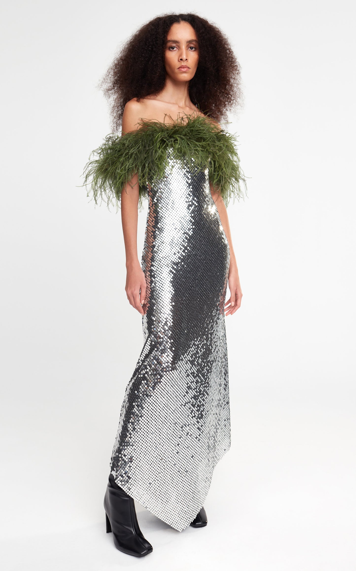 Feather Off Shoulder Sequin Maxi Dress Green Silver HV9631