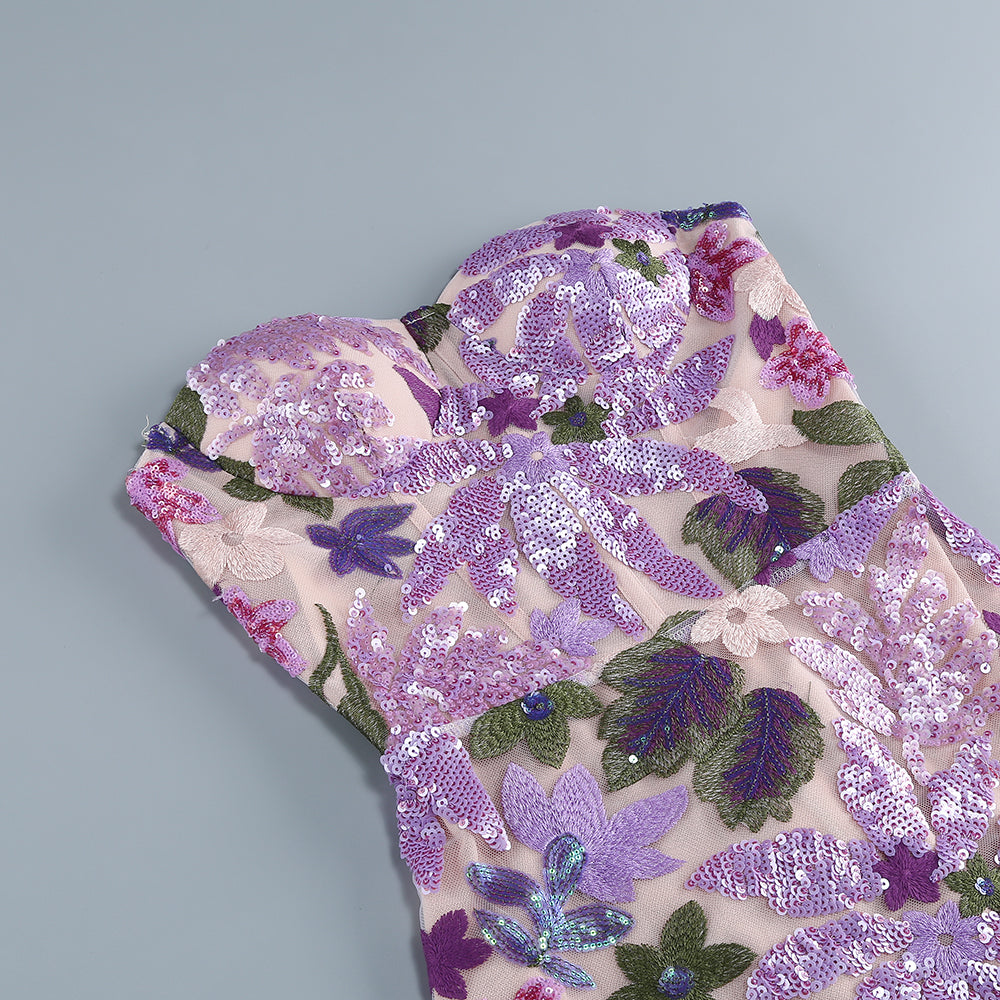 Strapless Floral Sequin Bustier Maxi Dress Lavender HV1373
