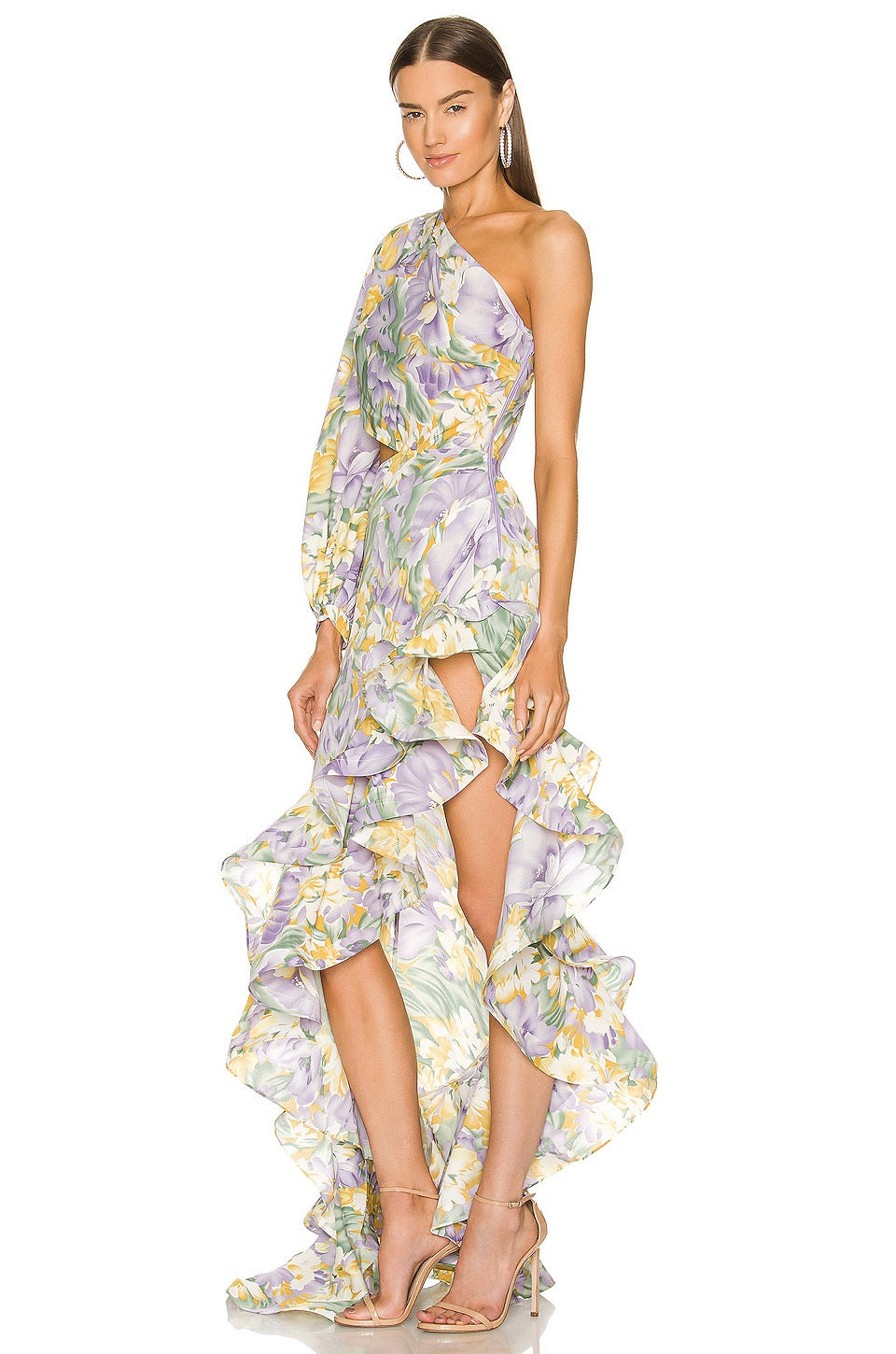 One Sleeve Floral Ruffle Maxi Dress Lavender HV8641
