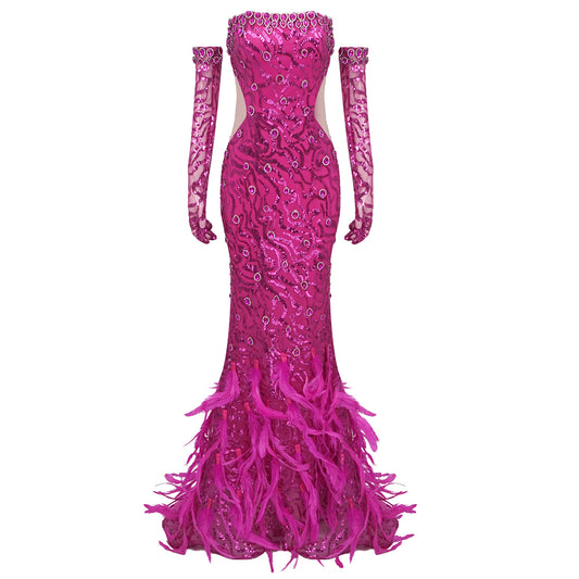 Strapless Sequin Feather Maxi Dress Hot Pink HV1553