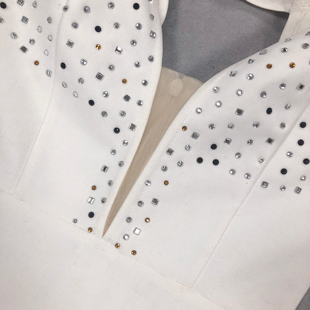 Crystal Embellished Feather Hem Dress White HV1471