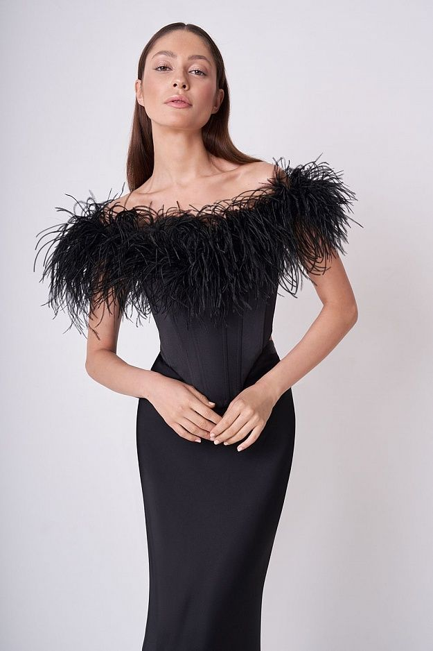 Feather Off Shoulder Mermaid Maxi Dress Black HV9955