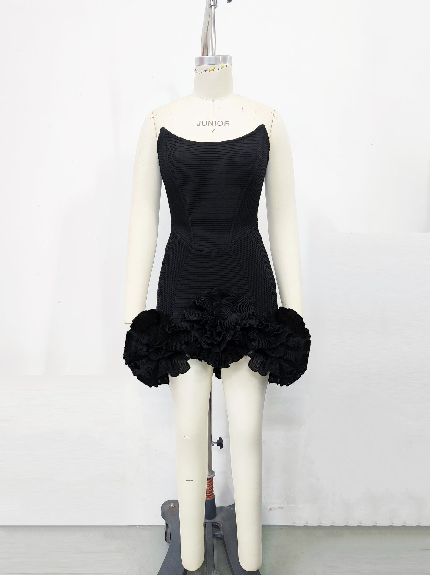 Strapless Floral Ruffle Dress Black