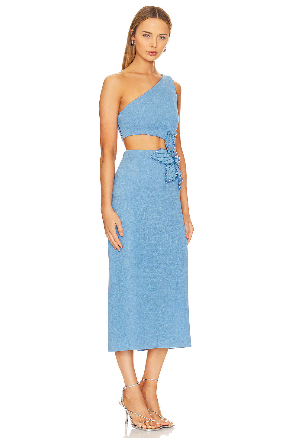 One Shoulder Pearl Flower Midi Dress Blue HV1188