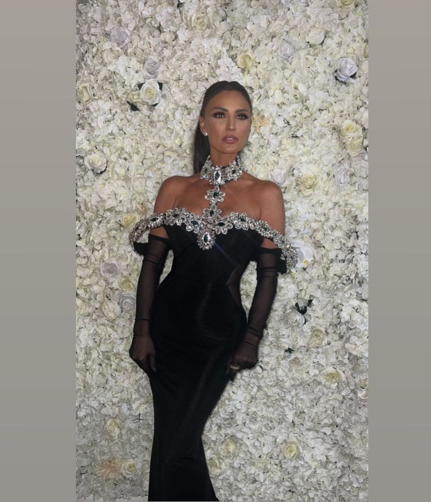 Halter Crystal Bardot Velvet Dress Maxi Black HV1495