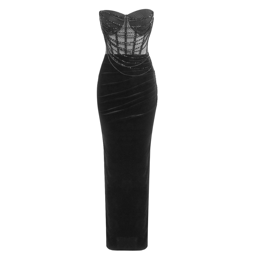 Strapless Sparkly Corset Maxi Velvet Dress Black HV2065