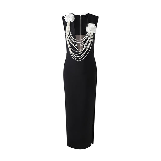Floral Pearl Detail Maxi Dress Black HV2232