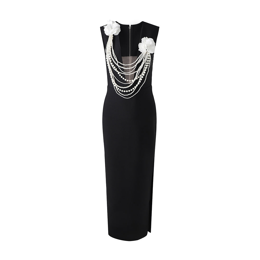 Floral Pearl Detail Maxi Dress Black HV2232