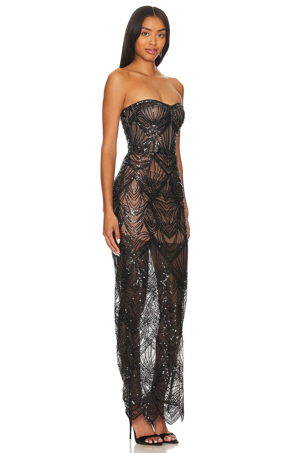 Strapless Bustier Sequin Maxi Dress Black HV1728
