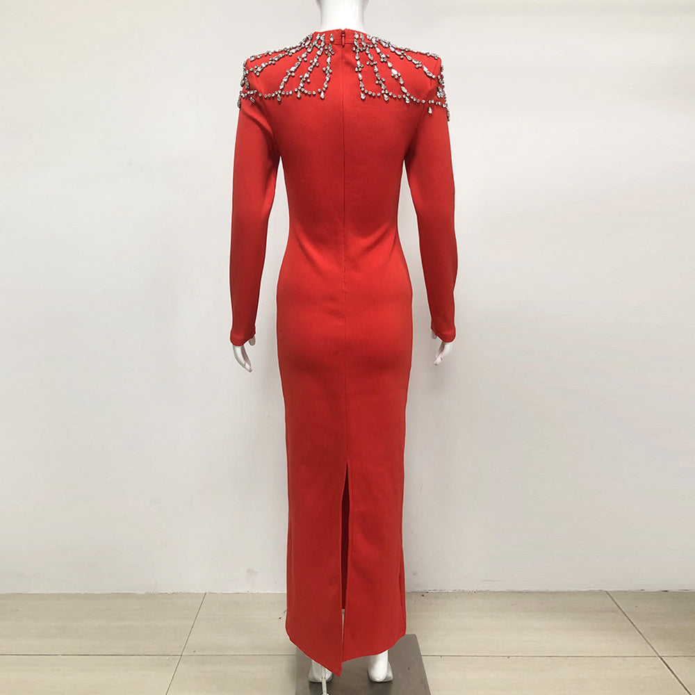 Long Sleeve Crystal Shoulder Maxi Dress Red BB10026