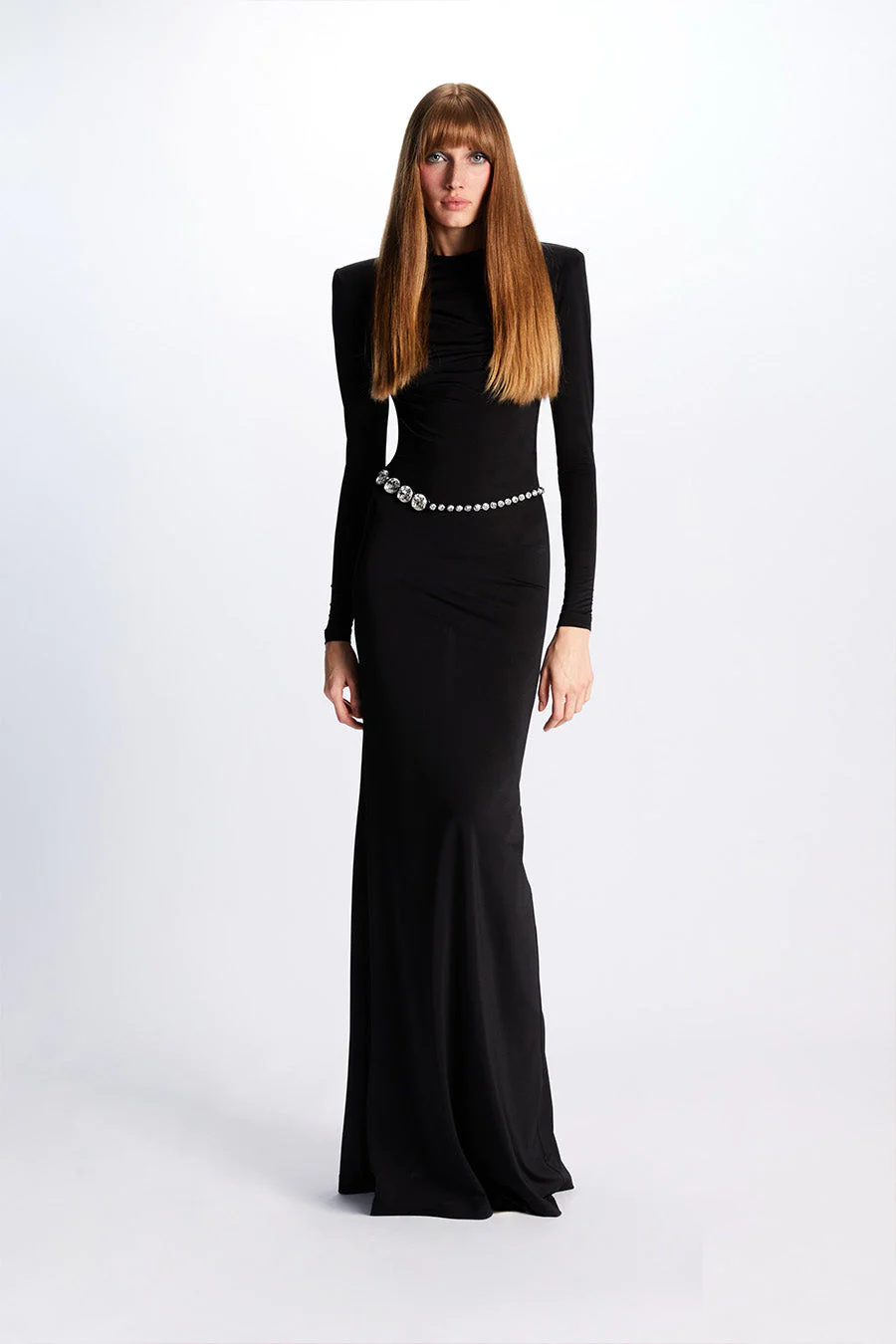 Long Sleeve Crystal Belt Maxi Dress Black HV9973