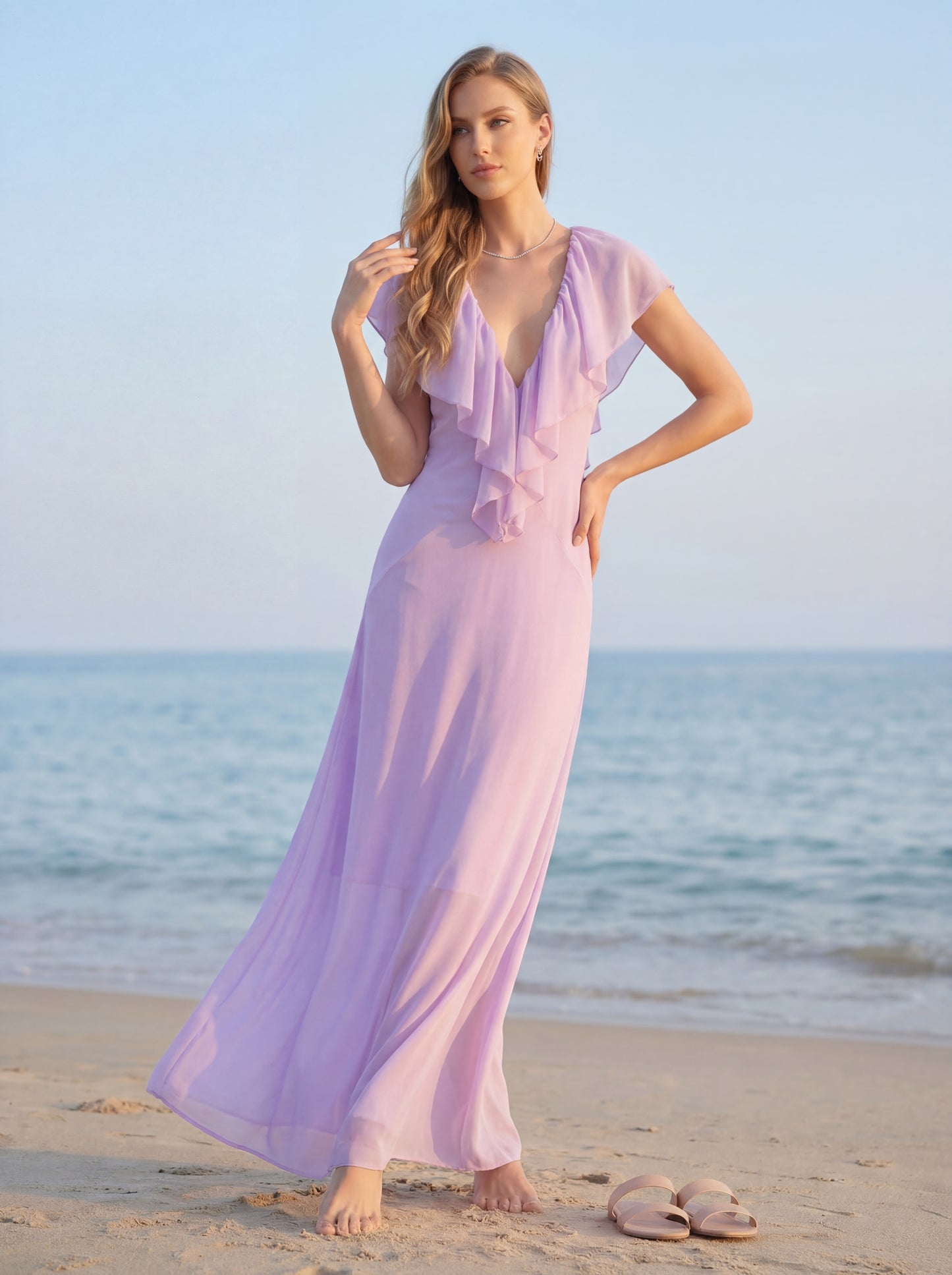 Ruffle Plunging Neck Maxi Dress Lavender HV2919