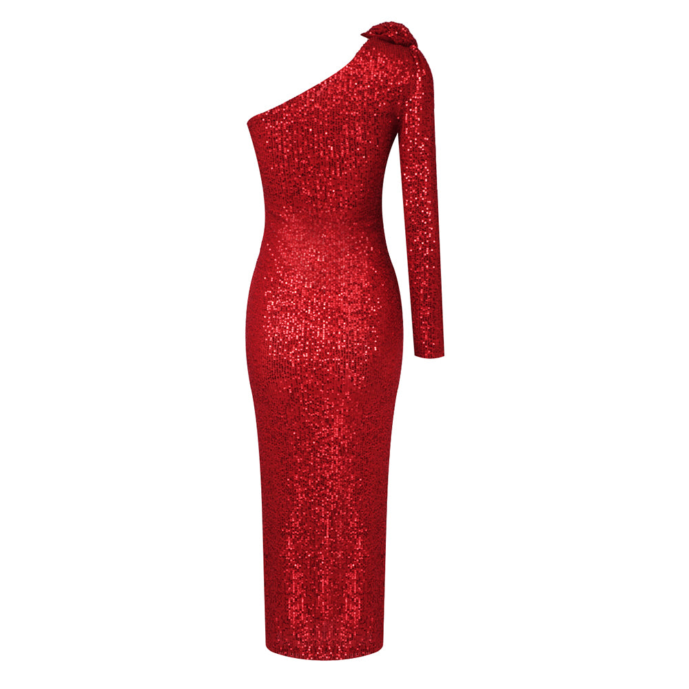 One Sleeve Sequin Midi Dress Red HV9898