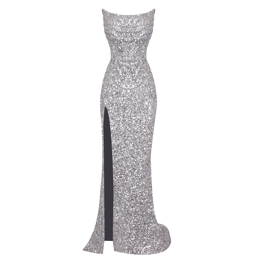 Strapless Sequin Maxi Mermaid Dress Silver HV1759