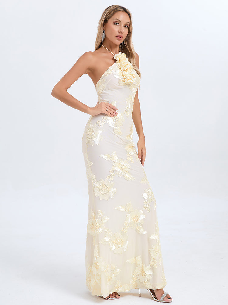 Halter Floral Maxi Dress Ivory HV1527