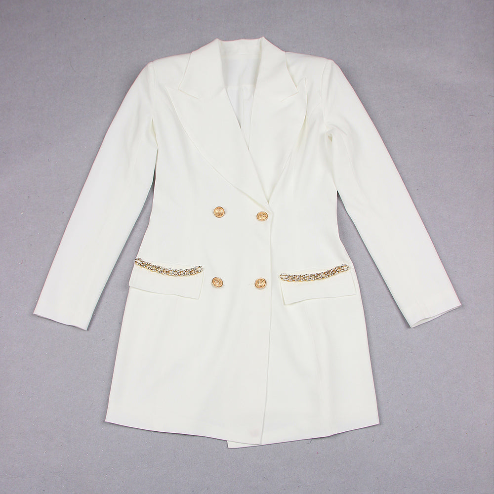 Long Sleeve Embellished Blazer Dress White