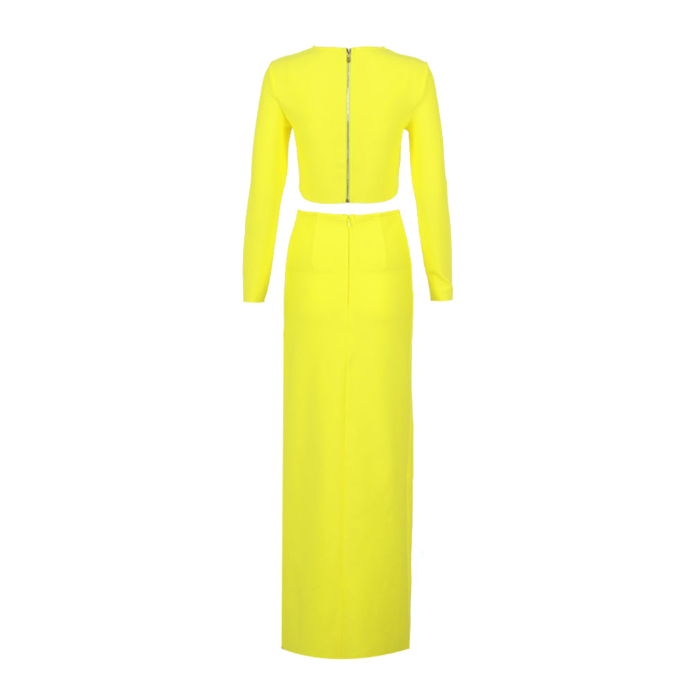 Long Sleeve Star Detail Two Piece Maxi Dress Yellow HV9902