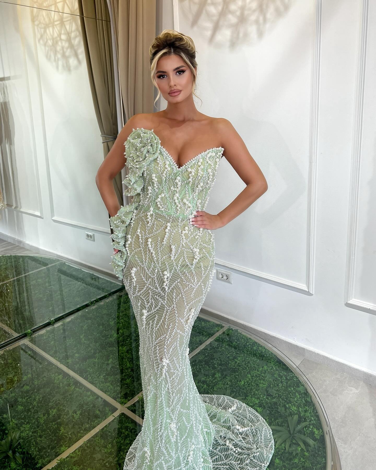 Strapless Floral Sequin Maxi Dress Green HV2227