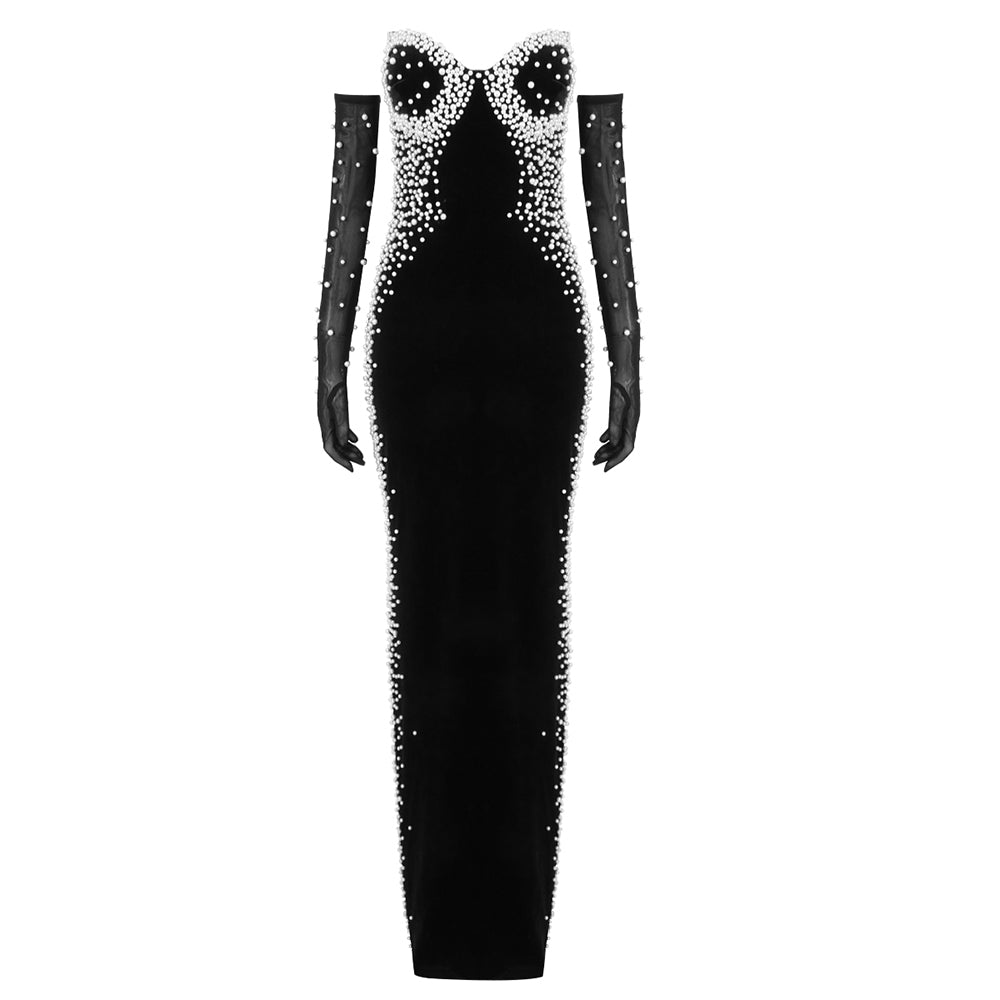 Strapless Crystal Bustier Maxi Velvet Dress Black HV1969