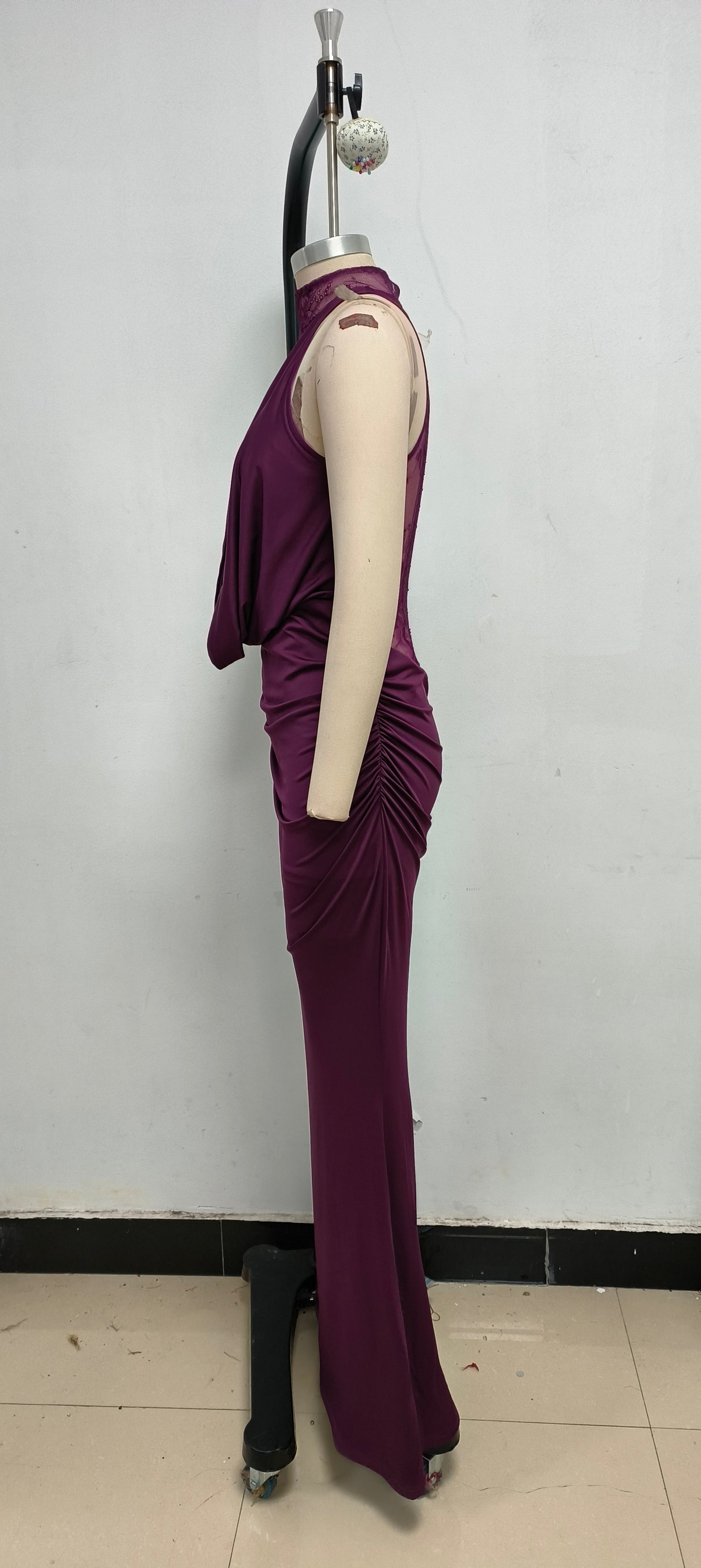Halter Lace Insert Maxi Dress Plum HV1930