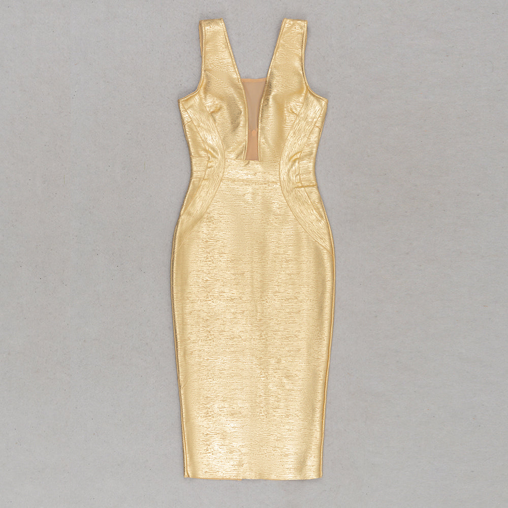 Mesh Insert Woodgrain Foil Print Midi Dress HV9838