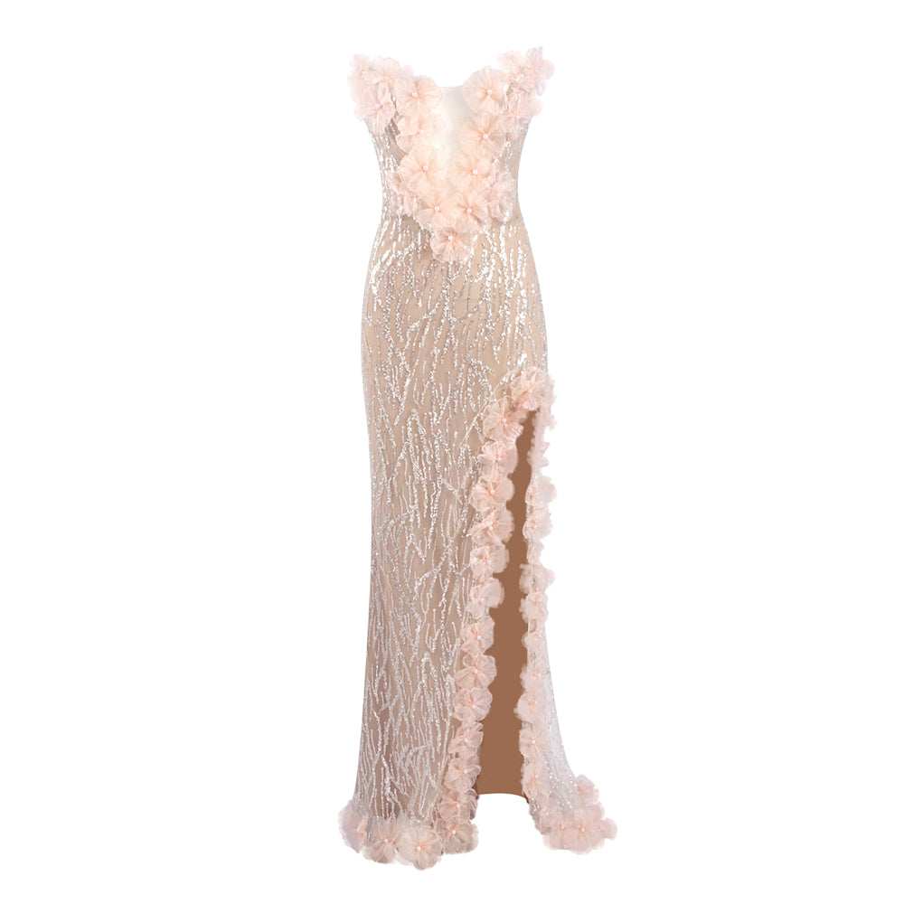 Strapless Floral Sequin Maxi Dress Nude HV2322
