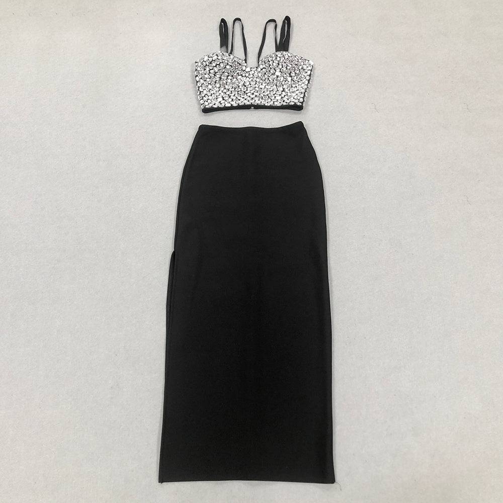 Crystal Bustier Two Piece Maxi Dress Black HV1426