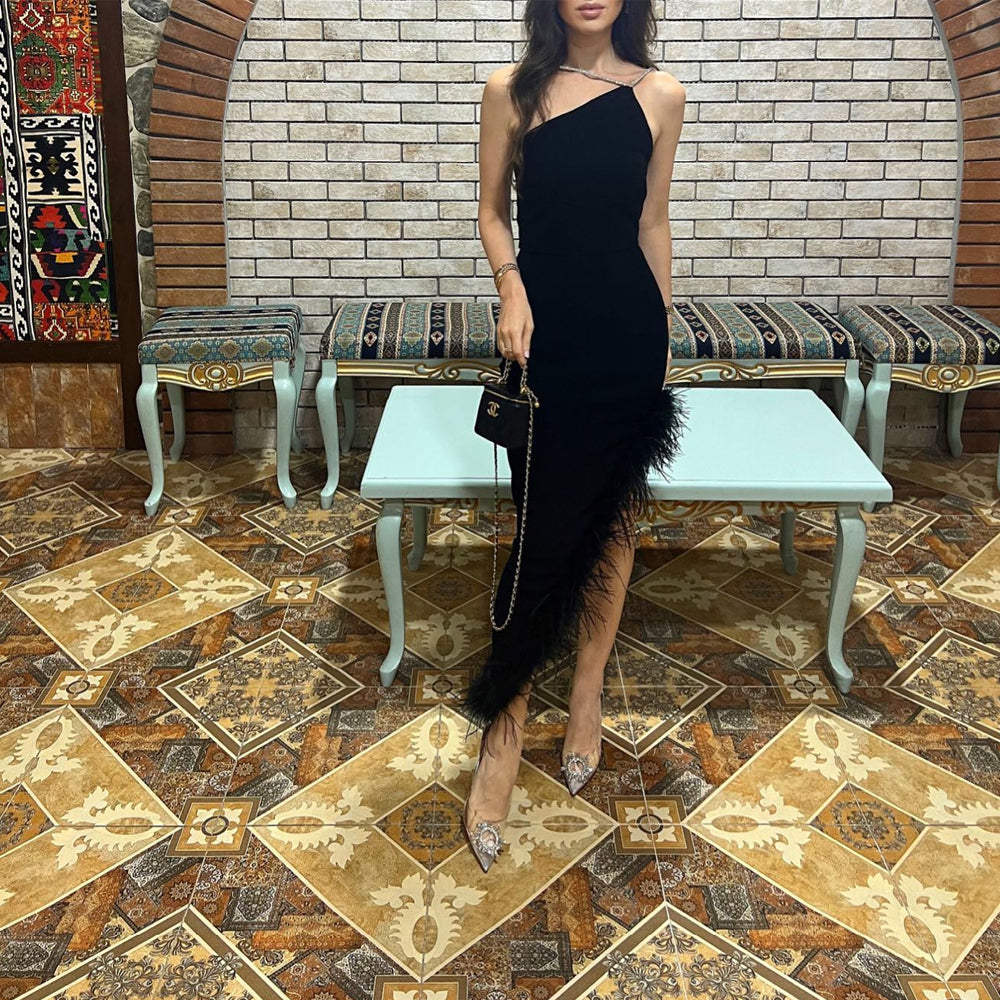 Halter Crystal Feather Maxi Dress Black HV1121