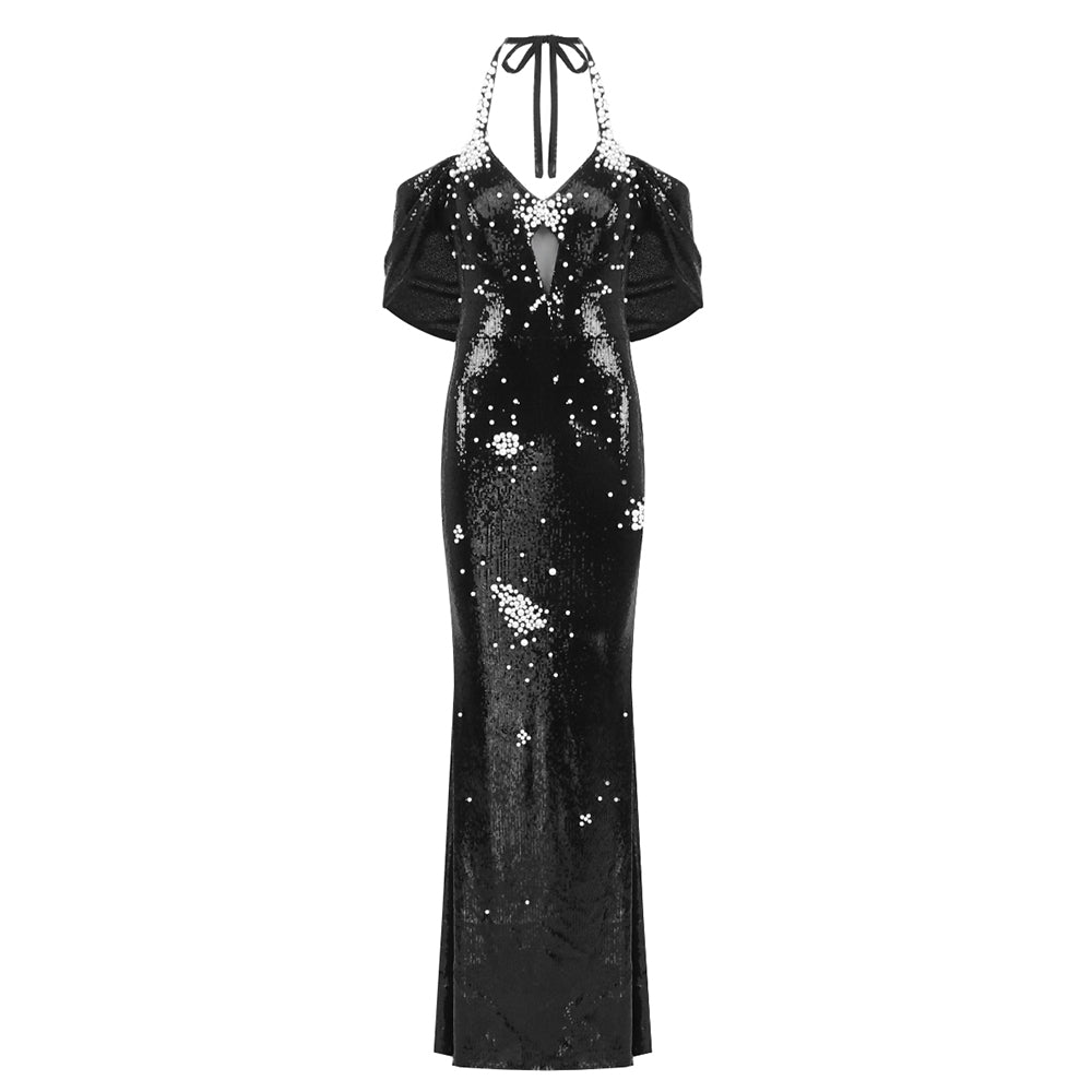 Halter Bardot Pearl Sequin Maxi Dress Black HV2082